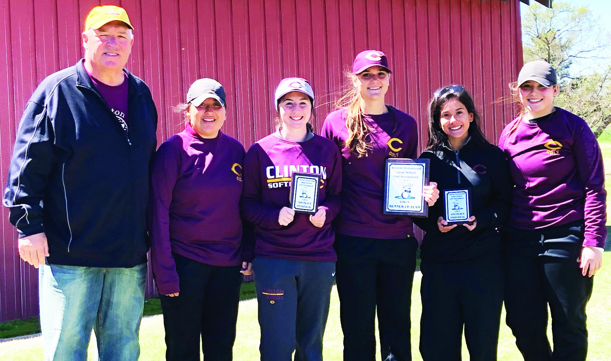 The Clinton girls’ golf team earned second place at their home tourney Thursday. Pictured are, from left, CHS head golf coach Mike Lee, Audrie Hernandez, Loren Coleman, Kennedy Meacham, Kaitlin Jenkins and Harli Heerwald.