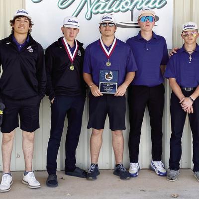 The Arapaho-Butler boys’ golf team took home the top spot at the Sayre Invitational last month. Pictured, from left, are Kaden Waldrop, Aiden Casas, Quade Richardson, Clint Powell, Jiles Southall, Nate Hickey and Coach Jay Edelen. Not pictured is Cutter Indians golf ends season at regional