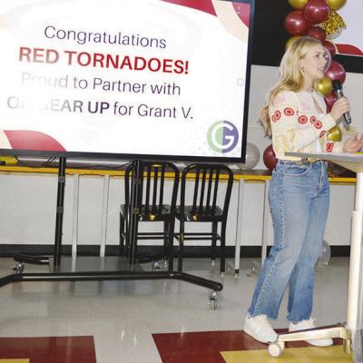 Clinton High School student Grace Meacham talks about what the GEAR UP program has done for her at Monday’s ceremony where it was announced the district received s $34.7 million grant to help students with their futures. CDN | Michael Maresh