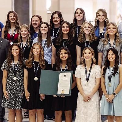 The Arapaho-Butler fast-pitch softball team was celebrated at the Oklahoma State Capitol Tuesday after winning the state championship this past fall. Pictured, from left, in front are Izzie Dewees, Kylin Oakes, Adrian Randle, Reagan Schoeppach, Madi Lockh The Arapaho-Butler fast-pitch softball team was celebrated at the Oklahoma State Capitol Tuesday after winning the state championship this past fall. Pictured, from left, in front are Izzie Dewees, Kylin Oakes, Adrian Randle, Reagan Schoeppach, Madi Lockh