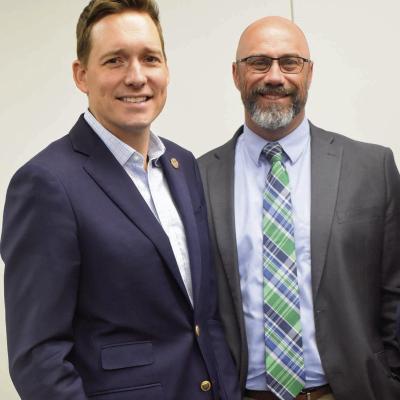 Lt. Gov. Matt Pinnell, left, and Asst. Supt. Nathan Meget discuss education matters during Tuesday’s Workforce Tour stop at the Frisco Center. Lt. Gov. talks about workforce