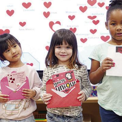 Nance Pre-K students participated in Hearts Around the United States. Their goal was to receive a valentine card from every state, and they received cards from 47 states. Pictured are students from Beth Miller’s class from left, are Natilyn Peterson, El Nance Pre-K students participated in Hearts Around the United States. Their goal was to receive a valentine card from every state, and they received cards from 47 states. Pictured are students from Beth Miller’s class from left, are Natilyn Peterson, El