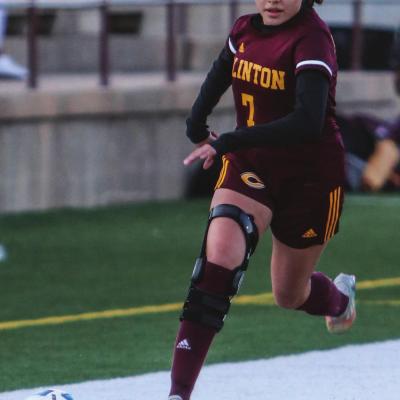 Allison Carrizales brings the ball up the Clinton sideline. Carrizales scored both goals in Clinton’s 3-2 home setback to Bethany. CDN | Adam Ewing Lady Reds drop close matchup with Bethany