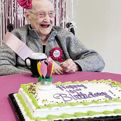 Clinton Therapy and Living Center resident Sylvia Krantz celebrates her 101st birthday with cake, cards and balloons. CDN | Nydia Campbell Sylvia Krantz celebrates 101 years
