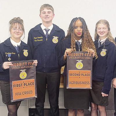 The Arapaho-Buter FFA members show off their first- and second-place banners after the Merritt FFA Speech Contest this month. Pictured, from left, are Sophia Roush, Kreedance Story, Zayne Sawatzky, Ehimen Umobuarie, Ali Garrison and Brycen Ellis. CDN | Co