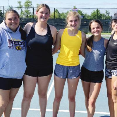 Headed to this weekend’s Class 4A State Tennis Tournament from left are Blair Hunter, Kenzie Kauk, Maddison Atchley, Emma Dowdell and Rachelle Sanchez. CDN | Courtesy photo Lady Reds qualify for state tourney