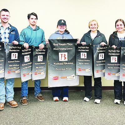 Eastern Oklahoma State College meat judging team members, from left, Eli Whitney, Dylan Neely, Robert Kincade, coach Jade Edwards, Averie Bain, Bailyn Hill and Gracie Ward pose with their awards. CDN | Courtesy photo
