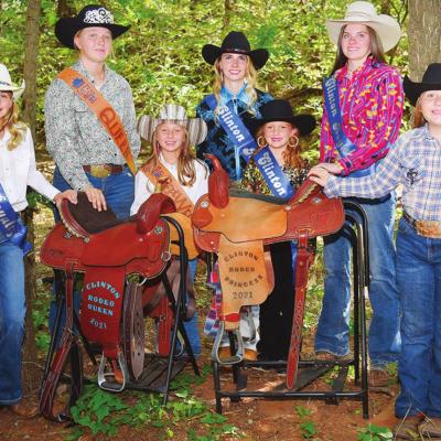 Prospective Clinton 2022 Rodeo Royalty candidates from left are Tailee Finnell, 2021 Queen Montana McBride, 2021 Peewee Princess Addisyn Pickard, Miranda Brinkley, Gemma Range, McKena Broadbent and Michelle Tidball. Not pictured are 2021 Princess Ally Tow Rodeo sets queen, princess candidates