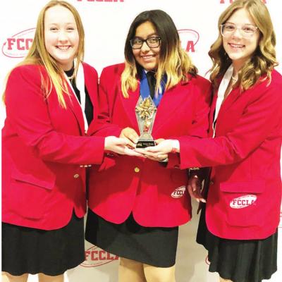 At the Oklahoma State Family, Career and Community Leaders of America from left are Anna Christie, Valerie Villanueva and Teagan Bryson. FCCLA trio participate in national event in California