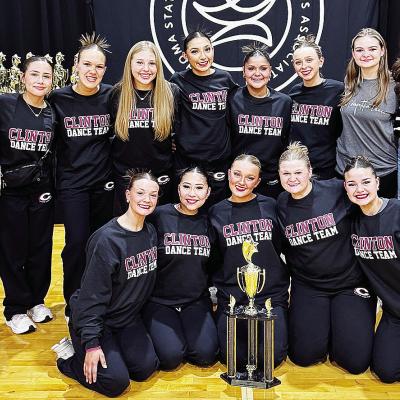 The Clinton High School dance team is all smiles after winning the state championship over the weekend at the Arvest Center in Tulsa. Pictured, from left, in front are Stella Meacham, Danna Mendieta, Jocelyn King, Lyssa Day and Tatum Shackelford; back, Co