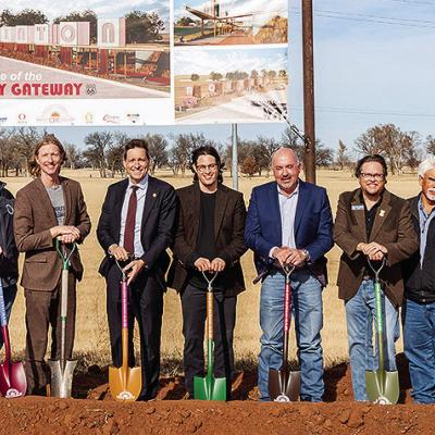 Pictured from left are Clinton City Manager Robert Johnston, Clinton Mayor David Berrong, West Oklahoma Co-Op executive committee member Luke Adams, State Rep. Anthony Moore, West Oklahoma Co-Op President Jason Smith, Lt. Gov. Matt Pinnell, designer and a