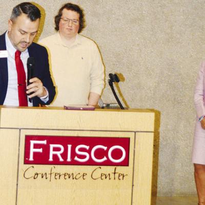 From left, Clinton Supt. Tyler Bridges, Clinton Technical Applications Program Director Tanner Wheeler and Debbie Carlisle, Career Pathways director, speak Wednesday at the Clinton Chamber of Commerce Membership Luncheon. CDN | Michael Maresh