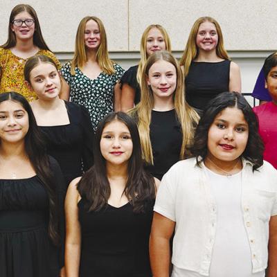 WOCDA Honor Choir students front from left, are Makina Coxwell, Evelyn Acevedo, Luna Lopez, Dilan Lara, Alex Stratton, Alexa Villa; middle, Karly Wilson, Sophie Stewart, Brinlee Baker, Hannah Miller, King Maddox, Quinn Moore; back row, Elliott Burnam, Syd CMS Honor choir students