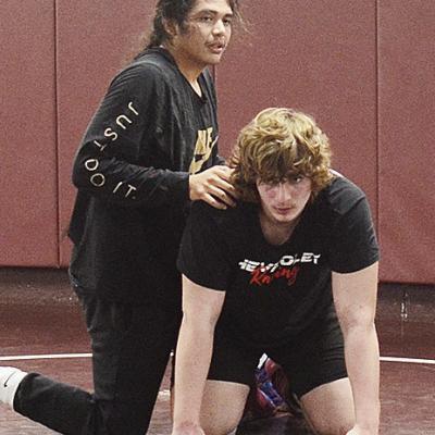 Clinton’s senior wrestler Larynz Spottedwolf, left, and Kolton Fuller prepare to wrestle during a recent practice. CDN | Sam Goodwyn Clinton’s senior wrestler Larynz Spottedwolf, left, and Kolton Fuller prepare to wrestle during a recent practice. CDN | Sam Goodwyn