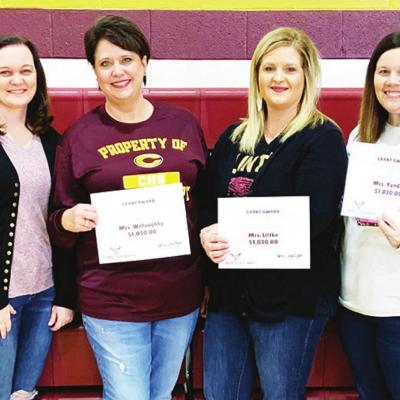 At a teacher grant presentation held at Nance Elementary are, from left, CPSF board members Carrie Shackelford and September Garcia, and teachers April Willoughby, Julie Littke, Kayla Yandell and Jessica Cox. Clinton Public School Foundation awards classroom project grants
