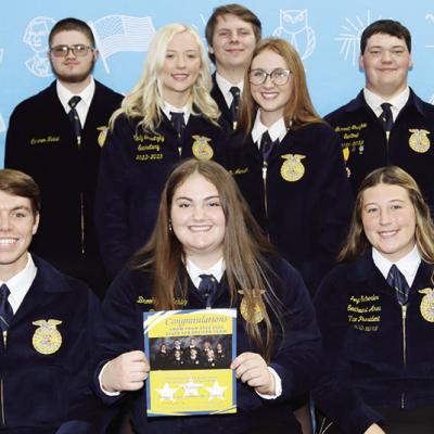 CHS FFA officers, back row from left, are sponsor Trevor Stover, Cameron Nickel, Mindy Sawatzky, Eli Whitney, Bryale Johnson, Garrett Graybill and sponsor Mitchell Hunter. Front row from left are State FFA President Braden Burns, Brooklyn Atchley and Sout Clinton and Arapaho FFA chapters attend COLT training