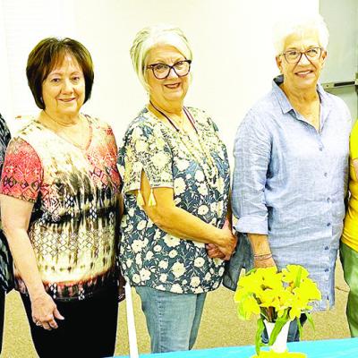 The Arapaho Alpha Nu chapter’s 2023-2024 installed officers, from left, are Former President Nancy Windsor, Treasurer Linda Elston, Vice President Debbie Matz, President Barbara Hatfield and Secretary Rhonda Shephard CDN | Courtesy photo Duty in office