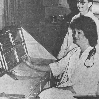 40 YEARS AGO Monitoring heart patients’ progress at the Clinton Regional Hospital Cardiac Care Unit were registered nurses Jeri Wells, seated, and Violet Miller, who had gained certification in Advanced Cardiac Life Support care through a workshop spons 40 YEARS AGO Monitoring heart patients’ progress at the Clinton Regional Hospital Cardiac Care Unit were registered nurses Jeri Wells, seated, and Violet Miller, who had gained certification in Advanced Cardiac Life Support care through a workshop spons