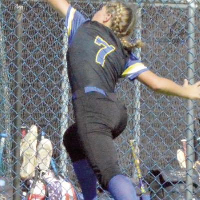 Jordan Lambeth leaps for a fly ball and makes a catch during the Class A State Tournament Thursday. CDN | Josh Jennings A-B falls to Ripley during Class A State Tournament