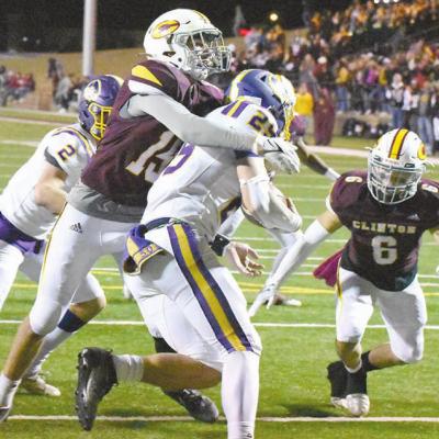 Trey Bennett and Aaron Seabolt bring down Bristow’s Cord Dobrinski for a safety during Clinton’s 30-7 4A semifinals victory Friday evening. CDN | Adam Ewing Red Tornadoes sink Pirates
