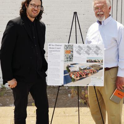 West OK Co-Op’s Andrew Stone, left, and Mayor David Berrong stand in the Ice District to explain ideas to possibly improve downtown Clinton. CDN | Michael Maresh