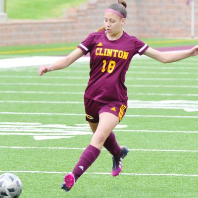Clinton sophomore defender Reigen Miller prepares to fire a free kick in the playoff opener against Cleveland. Miller has been the long-range weapon for the Lady Reds in the postseason, scoring three goals from 20-plus yards out in two games. CDN | Collin Clinton to see elite teams in semis