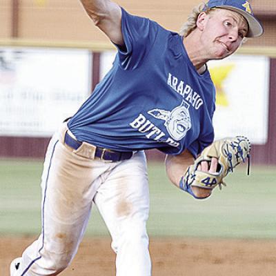 Arapaho-Butler’s Jiles Southall pitches during the Indians’ road game against Clinton. CDN | Sam Goodwyn Arapaho-Butler’s Jiles Southall pitches during the Indians’ road game against Clinton. CDN | Sam Goodwyn