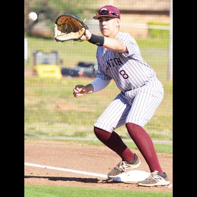 CDN | Collin Wieder Clinton freshman first baseman Caden Powell reaches to snag a ball against Cache. Powell went 2-for-3 in Tuesday’s loss at Cache. Article Image Alt Text