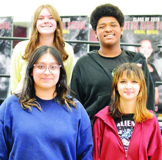 Clinton High School choir members, front left, Ayshka Garcia, Delilah Perez; back, Lily Adkinson, and Kristian Bennet stand together after being chosen to be in the 2026 Oklahoma Choral Directors Association’s All-State Honor Choir. CDN | Micah Ashcraft