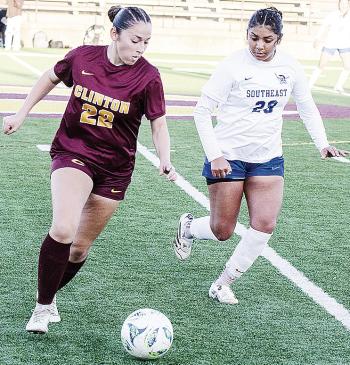 Clinton’s Aaliyah Lopez outruns a Southeast defender as she takes the ball downfield toward the goal during the Lady Reds’ win Thursday over the Lady Spartans at home. CDN | Sam Goodwyn